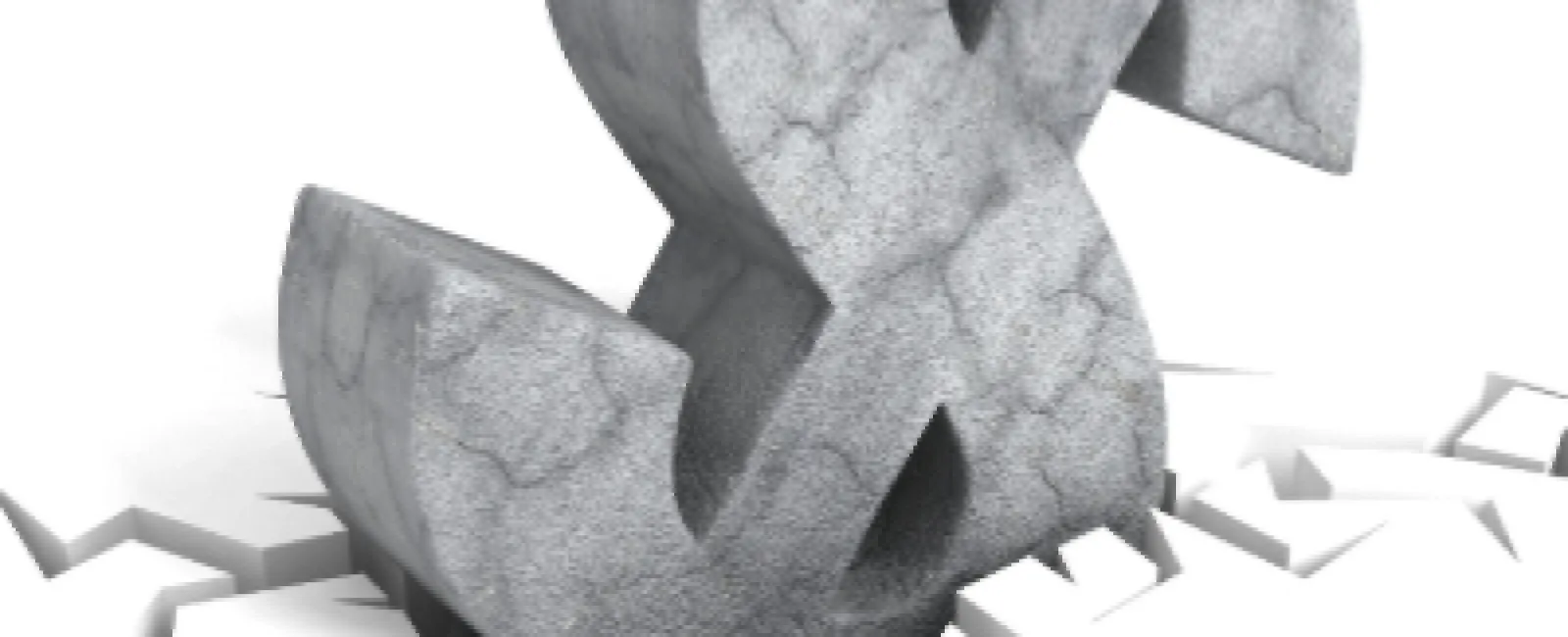 Large cracked stone ampersand symbol breaking through a white surface with visible fractures beneath.