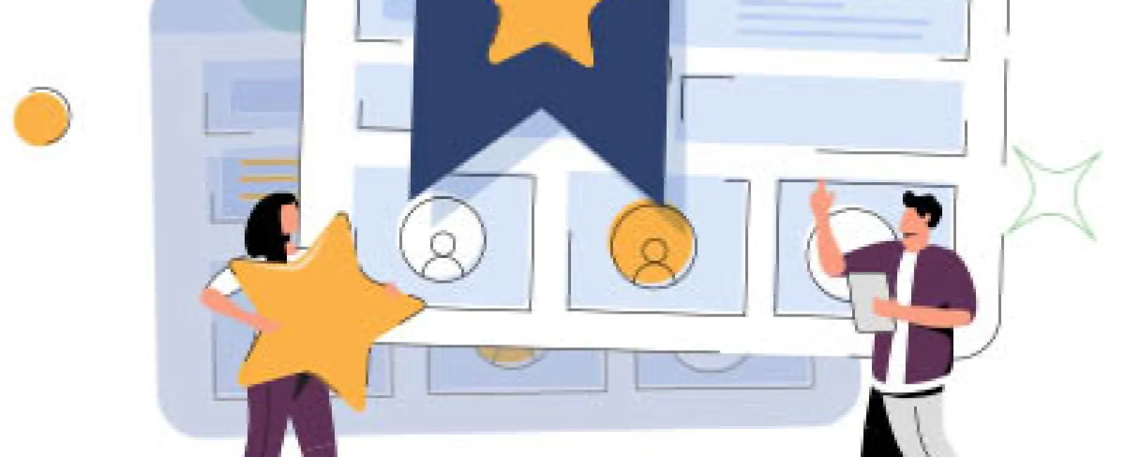 Illustration of two people with stars and user profile icons representing ratings and reviews on a web interface.