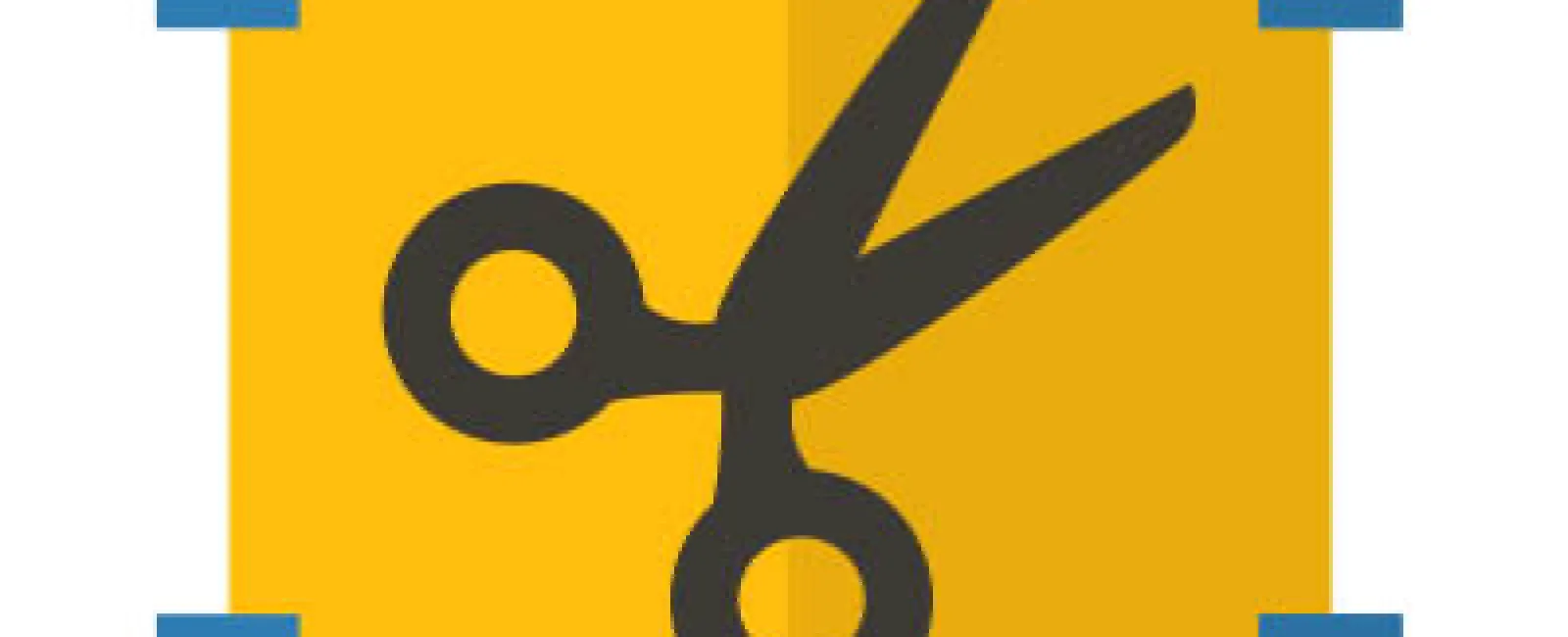 Scissors icon centered on a yellow square with blue corner brackets, representing a cut or crop tool.