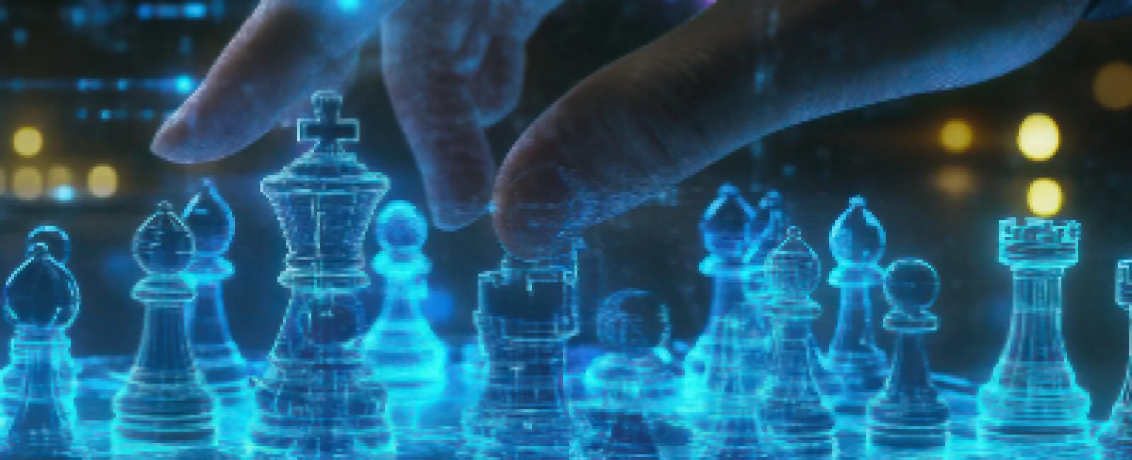 Hand moving a glowing blue digital chess piece on a futuristic holographic chessboard with cyber elements.