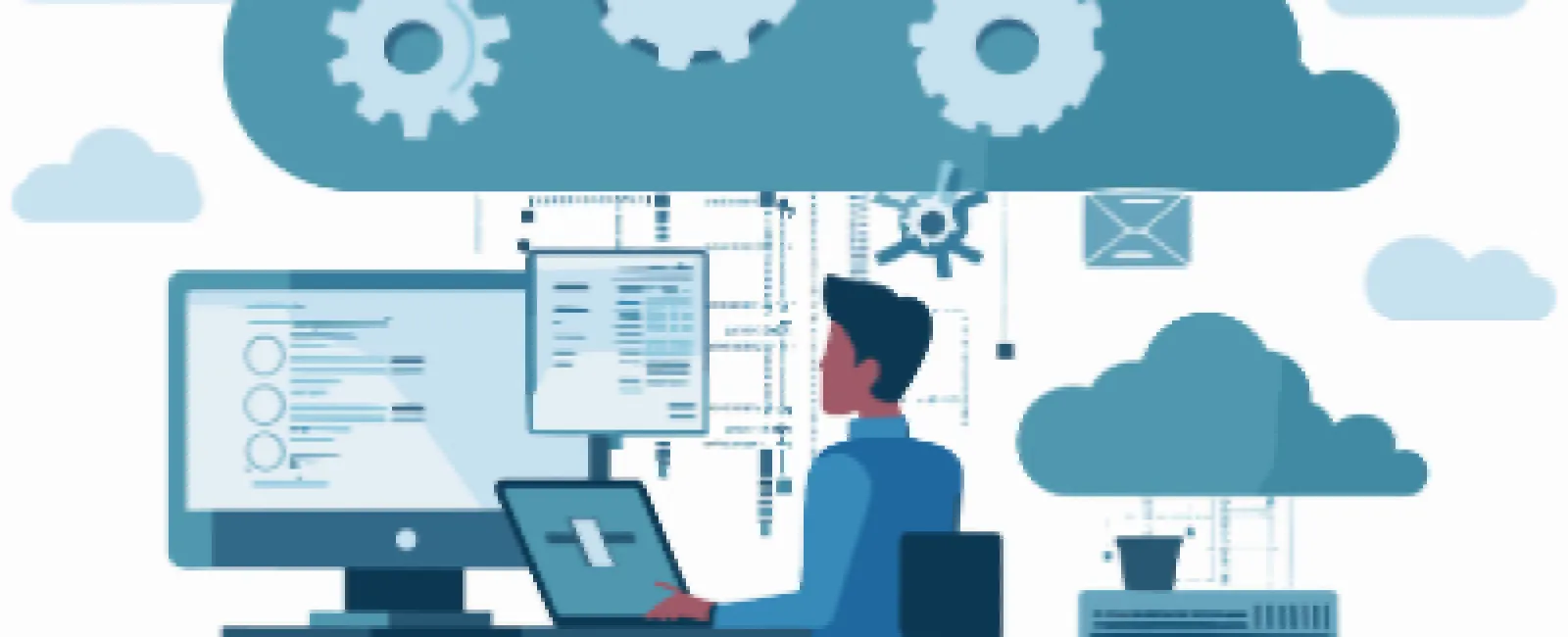 Person working on laptop and desktop connected to cloud servers with gears symbolizing cloud computing.