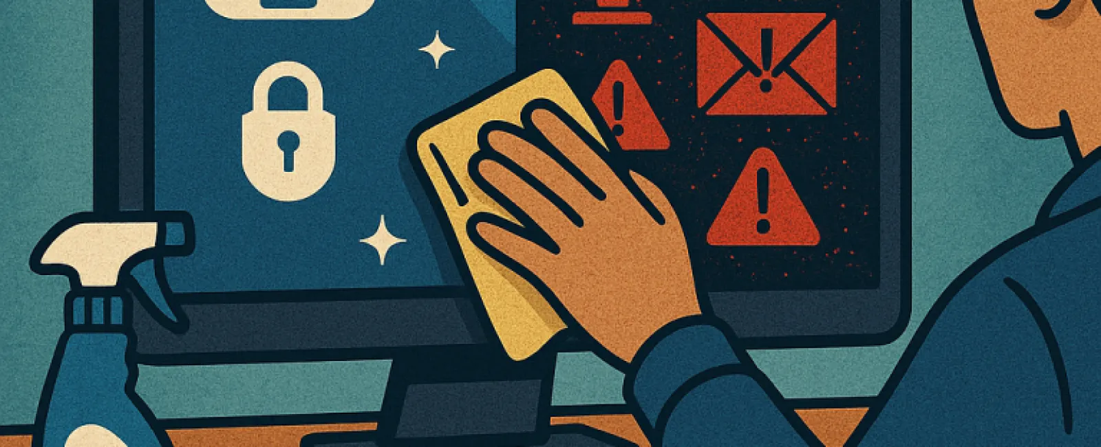 Person cleaning a computer screen showing cybersecurity threats and secure icons side by side.