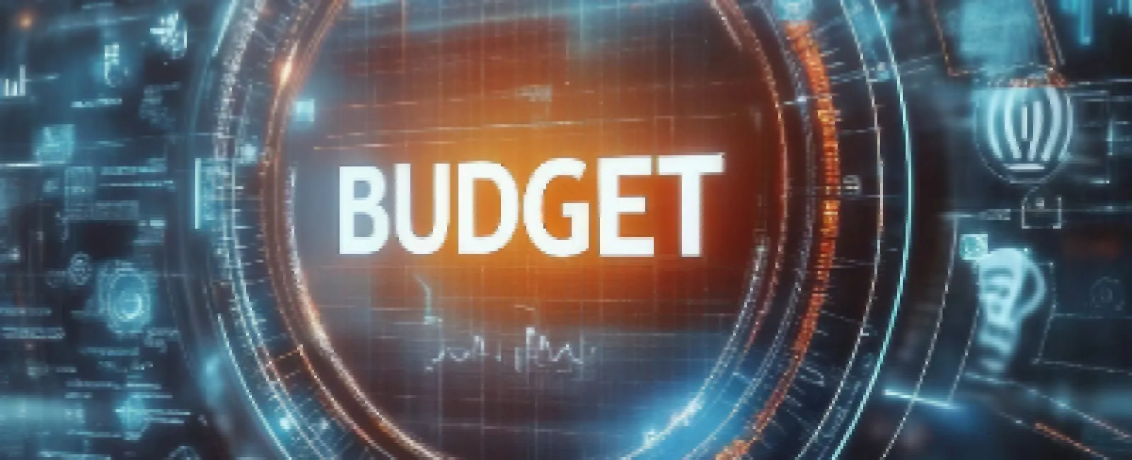 Digital futuristic interface highlighting the word BUDGET with glowing blue and orange circular graphics.