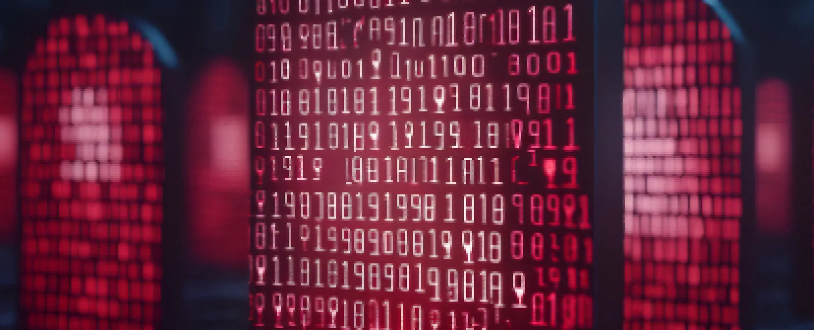 Red digital tombstones with binary code representing cybersecurity threats or data breaches.