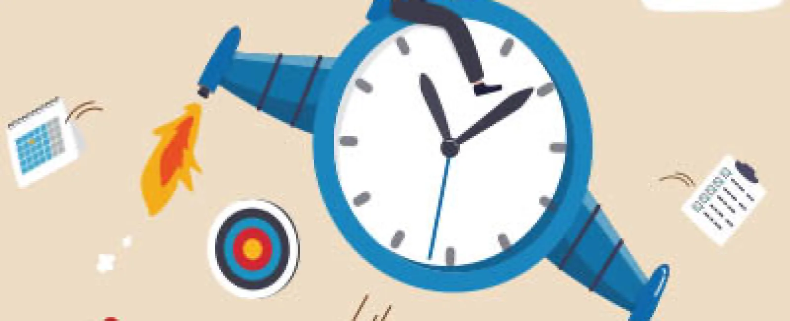 Businessman riding a clock rocket symbolizing time management and productivity with flying icons.