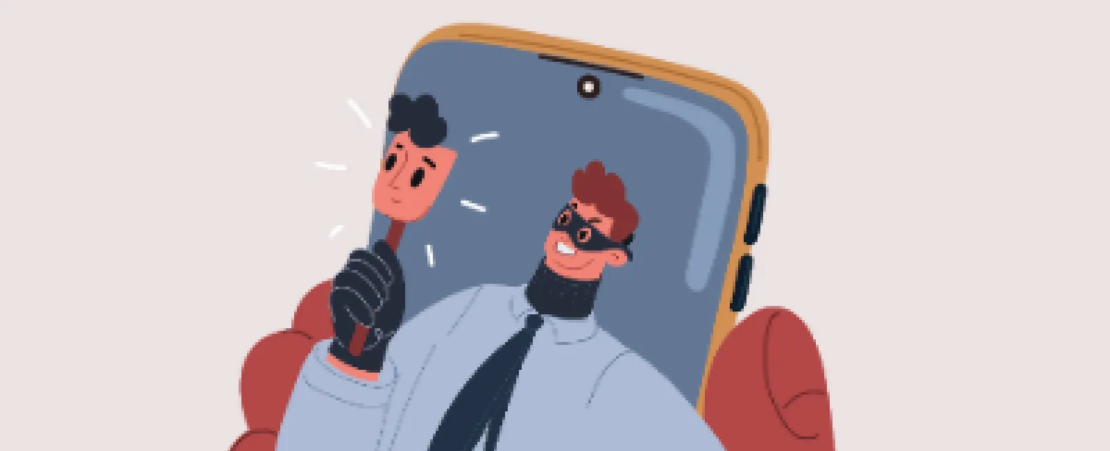 Illustration of a person holding a phone showing a smiling man with a mask holding a fake face mask.