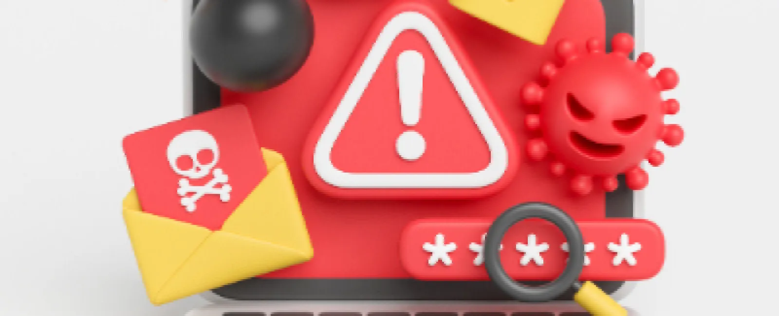 Laptop with red warning symbols showing cybersecurity threats like virus, bomb, unlocked padlock, and malicious email.