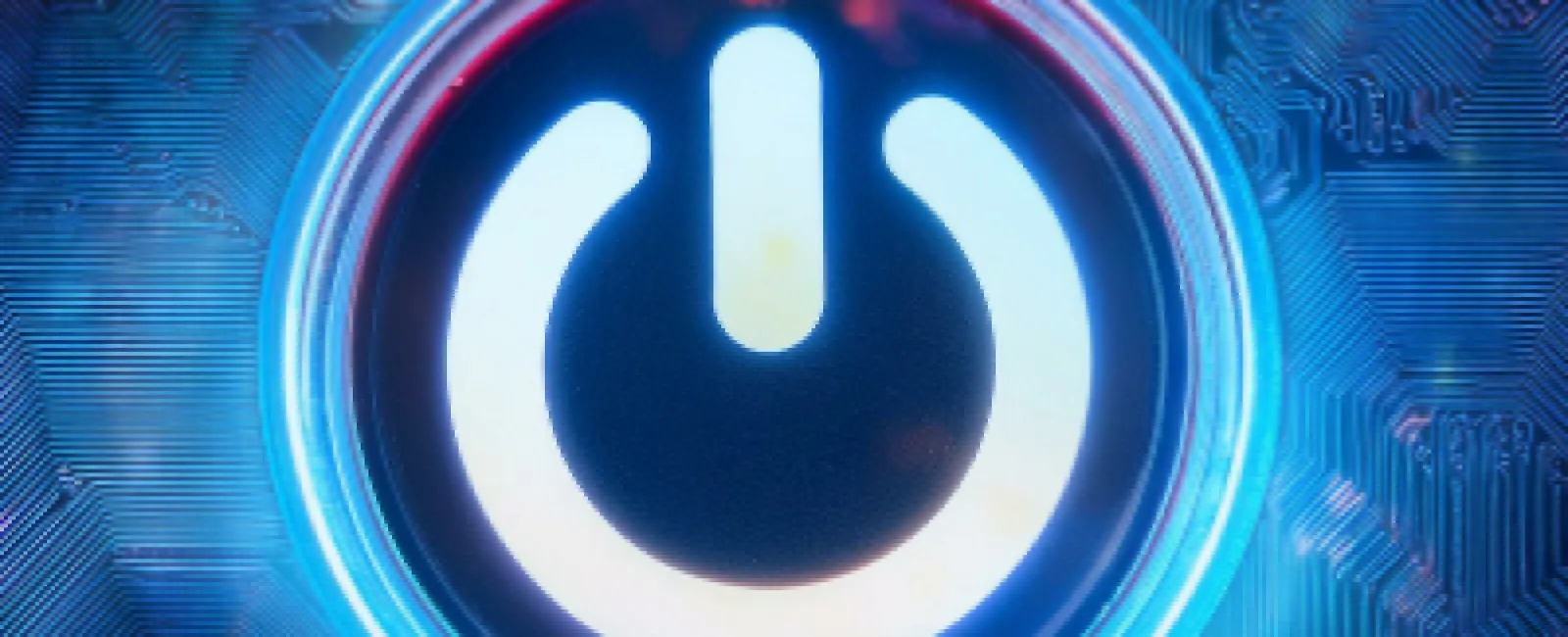Glowing power button symbol with blue and red neon lights on a circuit board background