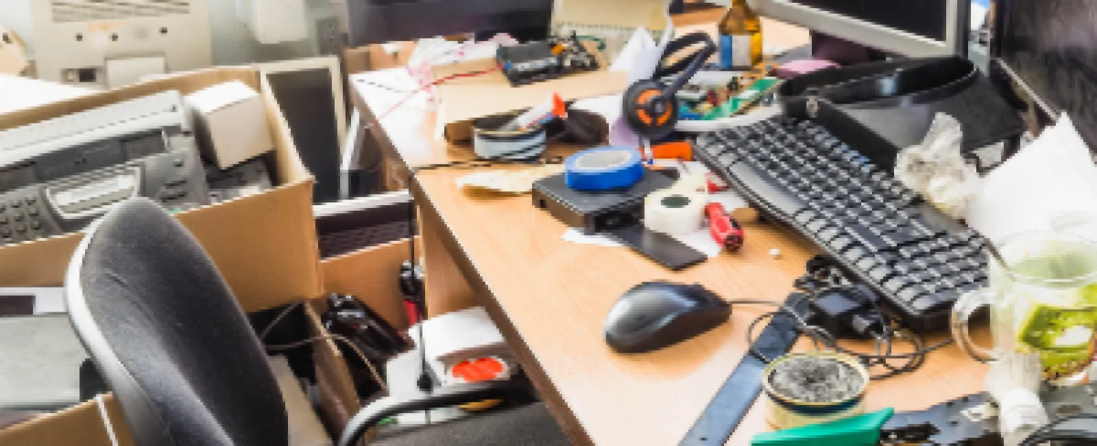 Messy workspace with multiple monitors, keyboard, mouse, tools, tape, and tangled cables on a cluttered desk.