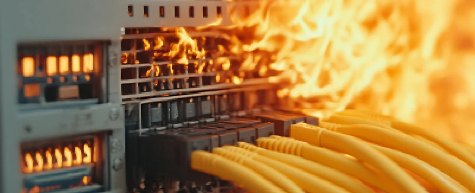 Network switch with multiple yellow ethernet cables surrounded by intense flames indicating a fire hazard or damage.