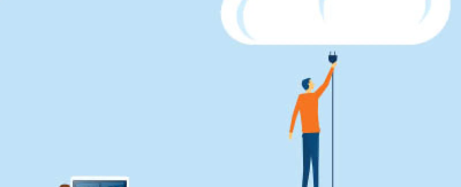 Person connecting server to cloud symbol while another works on a computer in a digital office setup