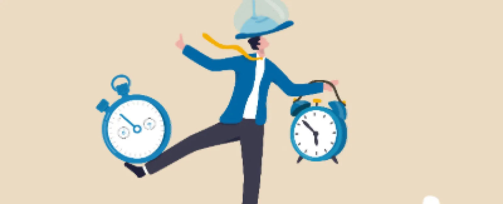 Person balancing multiple clocks and an hourglass symbolizing time management and multitasking challenges.