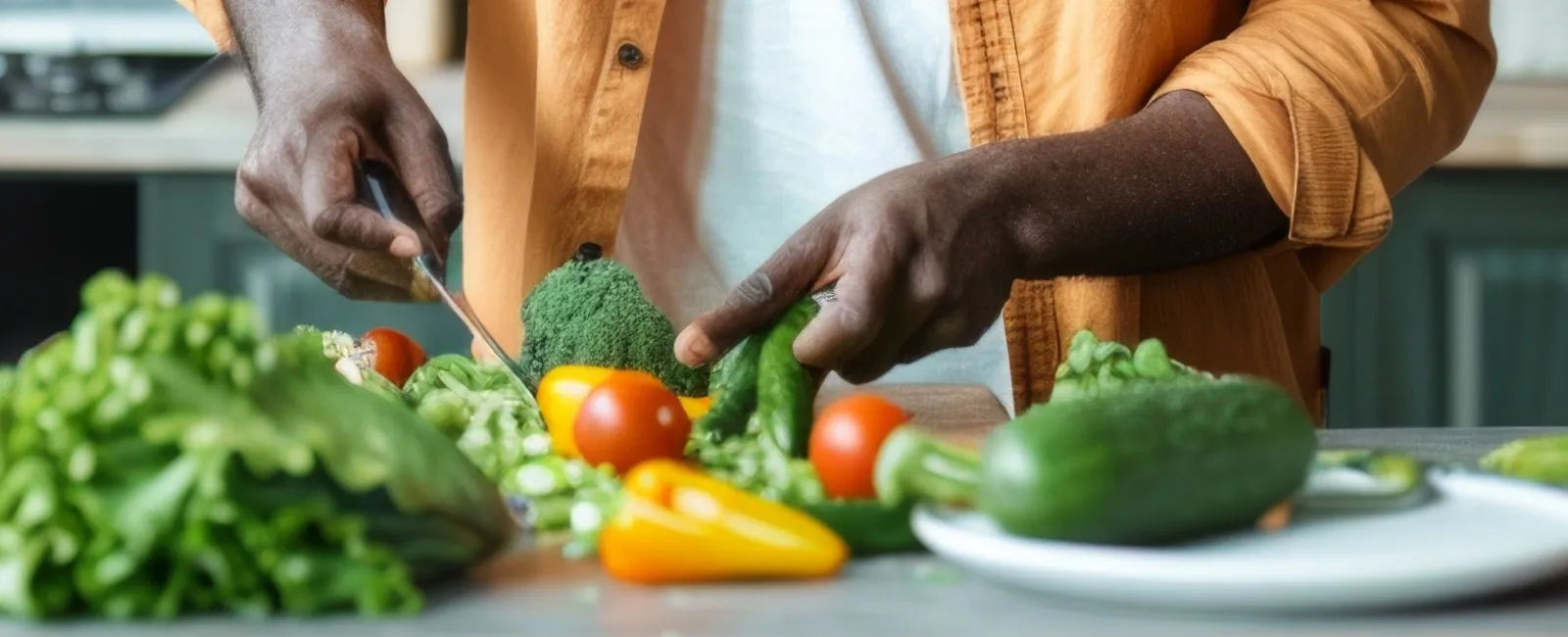 Man in yellow shirt chopping fresh vegetables in a modern kitchen surrounded by healthy produce and plants, highlighting the benefits of a nutritional diet.