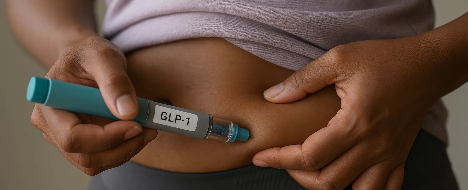 Person administering a GLP-1 injection into the abdomen while pinching the skin for proper medication delivery.