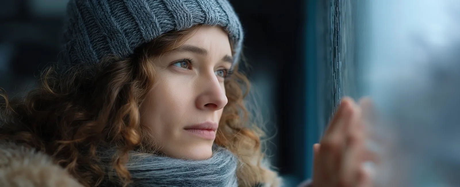 Thoughtful woman in winter hat and scarf looking out cold window with soft natural lighting.