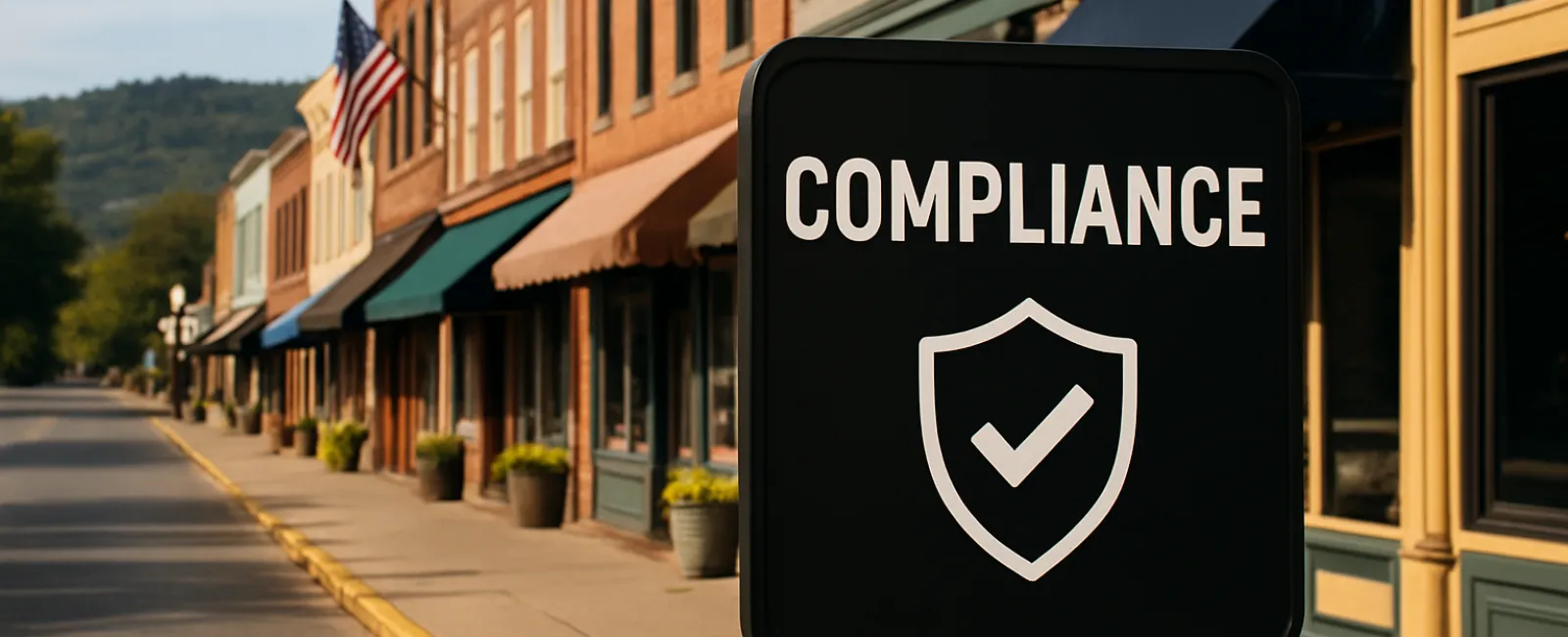 Black compliance sign with shield and checkmark on a small town street with historic buildings and American flag