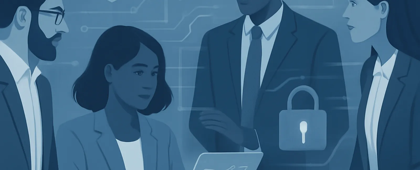 Business professionals discussing data security strategies in a technology-focused setting.