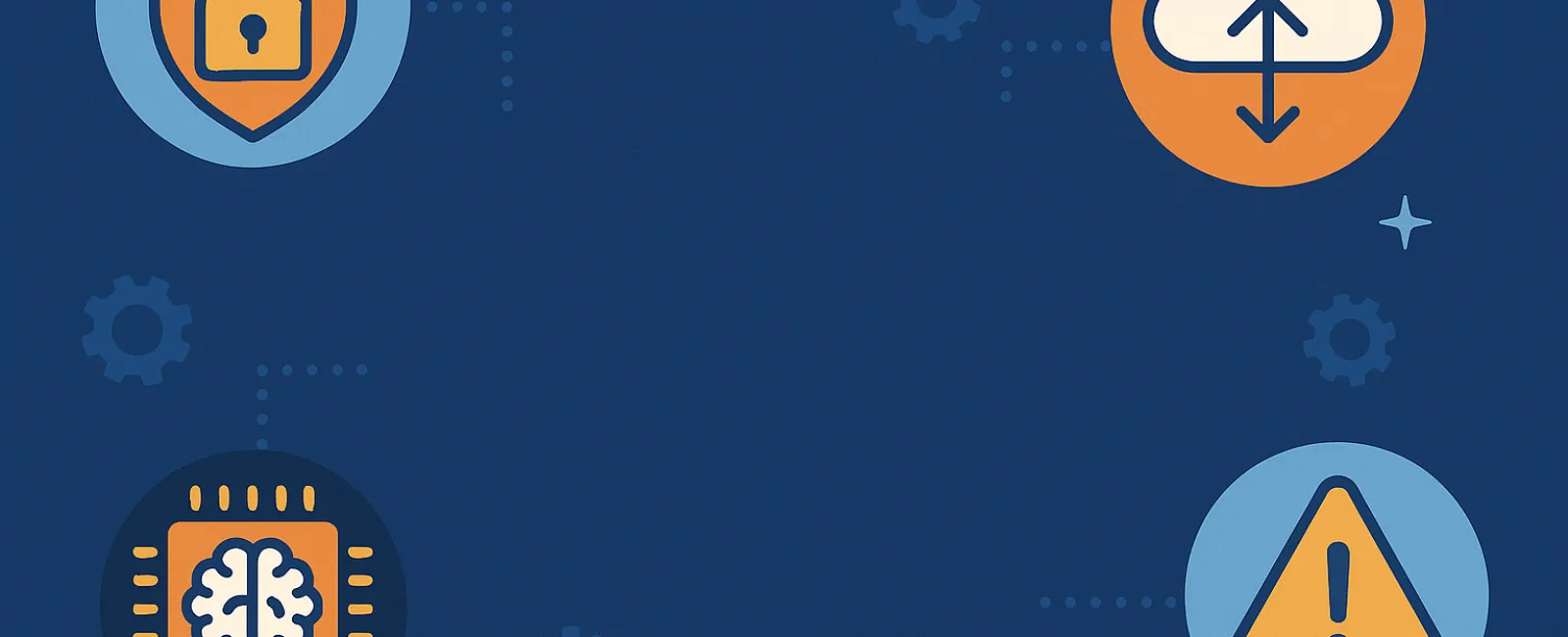 Icons representing cybersecurity concepts including shield lock, cloud upload, AI chip, and warning sign on dark blue background.