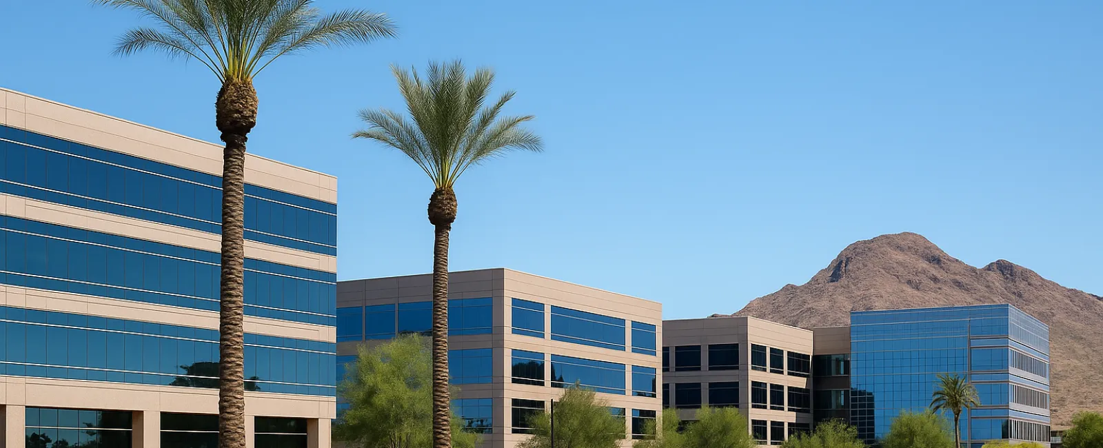 Modern office buildings with palm trees and mountains on a clear day in Arizona.