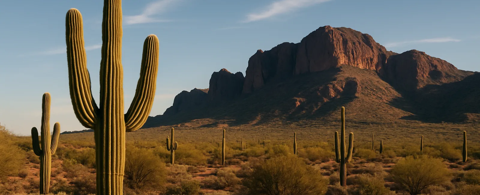Sunset over a desert landscape with tall cacti and rugged mountains in the background.
