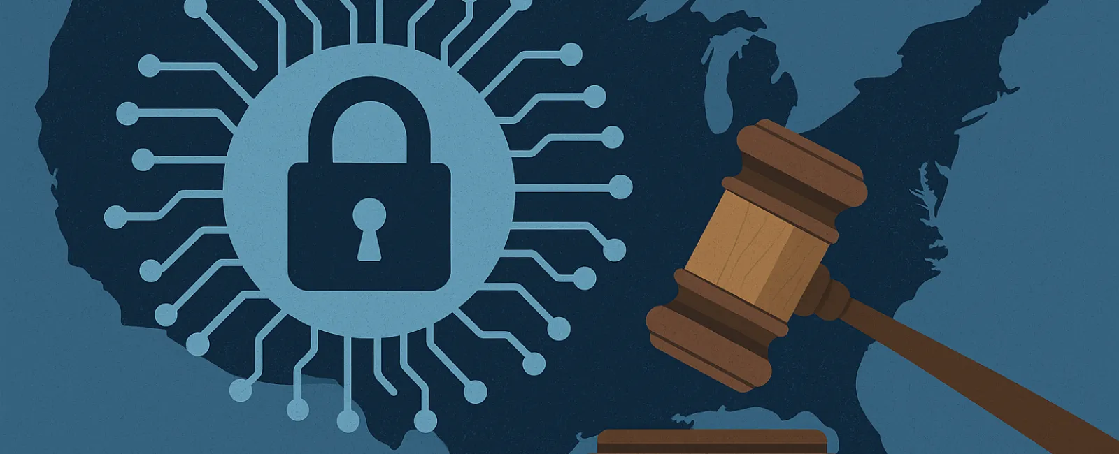 Map of the United States with a security lock icon and a judge's gavel symbolizing cybersecurity law and regulation.