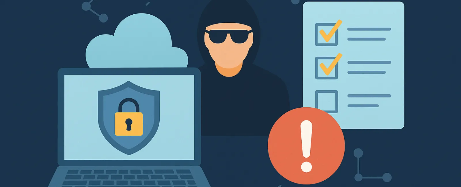 Hacker behind laptop with lock icon, checklist, and warning symbol representing cybersecurity threats and protection.