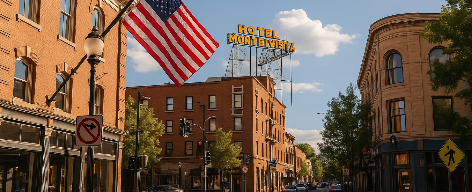American flag waving on a street corner near historic brick buildings and the Hotel Montevista sign in daylight