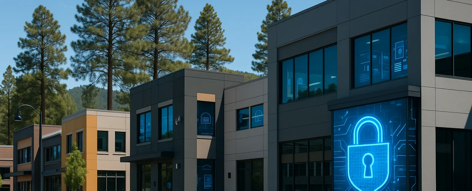 Modern office building with digital padlock security graphics on windows surrounded by trees on a sunny day
