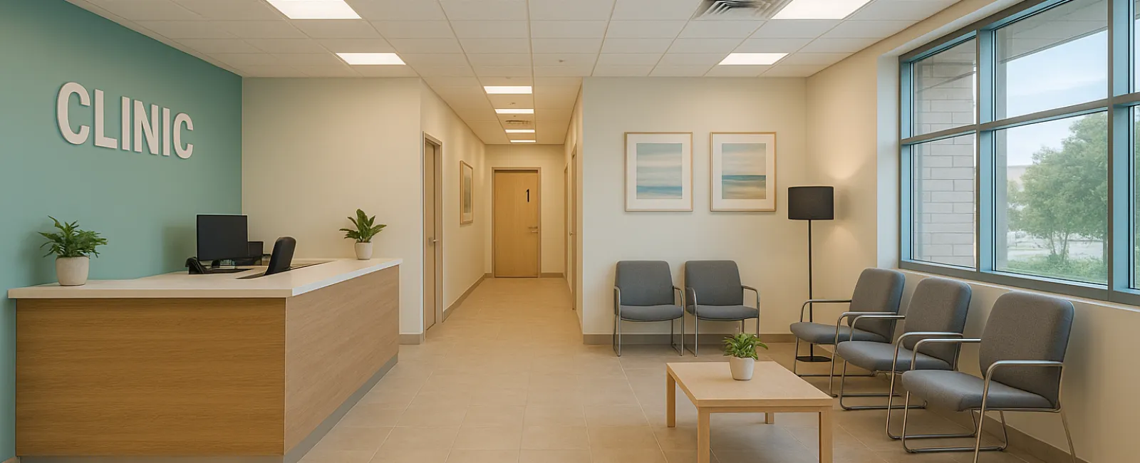 Bright clinic waiting room with reception desk, chairs, large windows, and minimalist decor including plants and artwork.