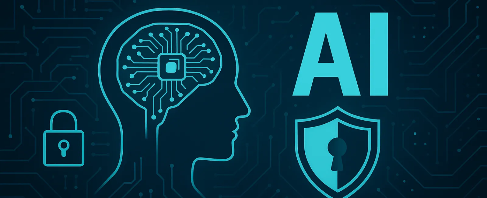 Zero Trust AI concept with digital brain, lock icon, and shield symbol on a dark tech background.