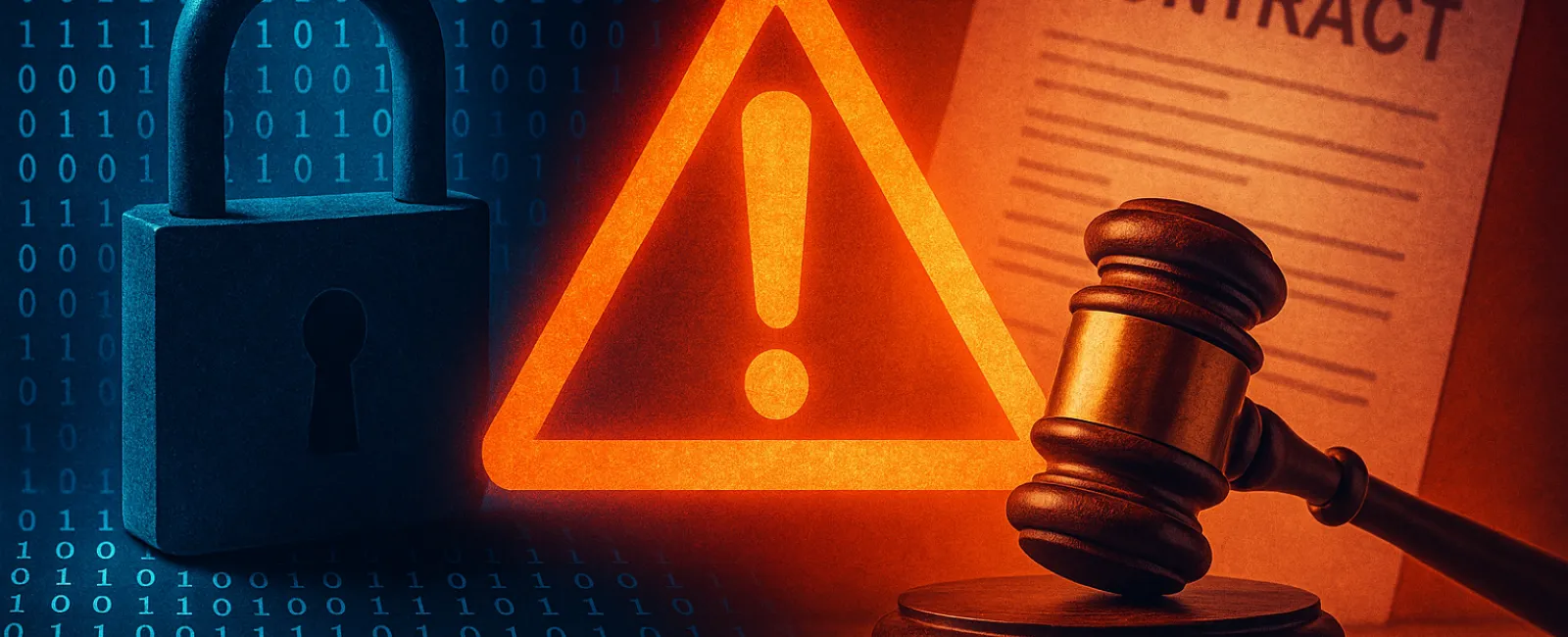 Digital padlock, warning symbol, judge gavel, and contract representing cybersecurity and legal risks.