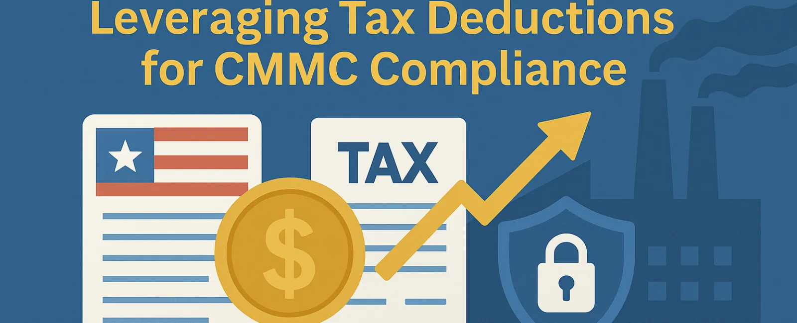OBBB Act graphic showing tax documents, a dollar coin, upward arrow, and security shield for CMMC compliance.