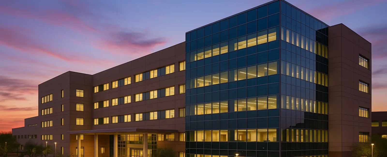 Modern glass and concrete office building illuminated at dusk with a colorful sky in the background