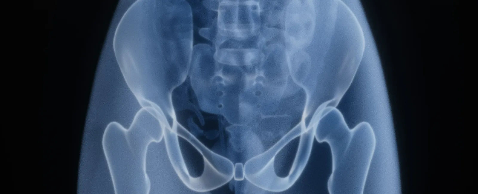 X-ray image showing the pelvis, hip joints, and upper femur bones in clear detail on a black background.