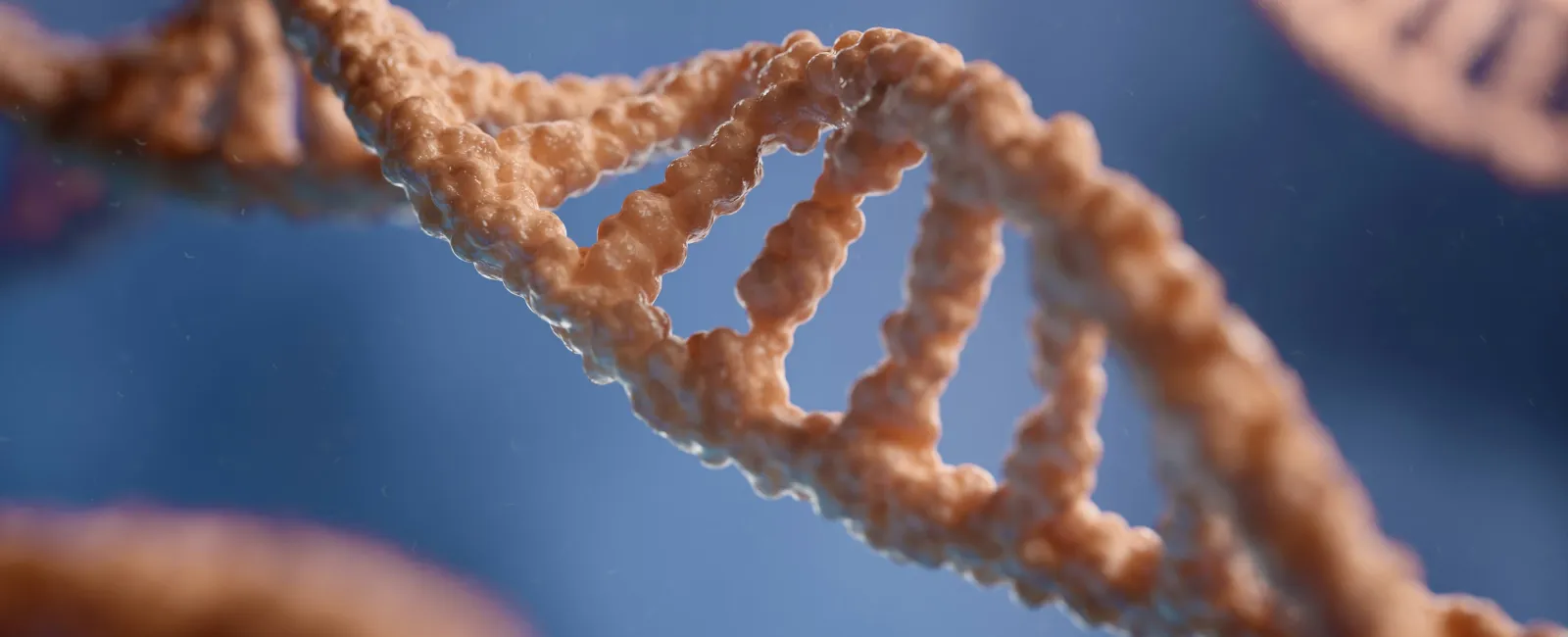 Close-up 3D rendering of a beige DNA double helix strand against a blurred blue background.