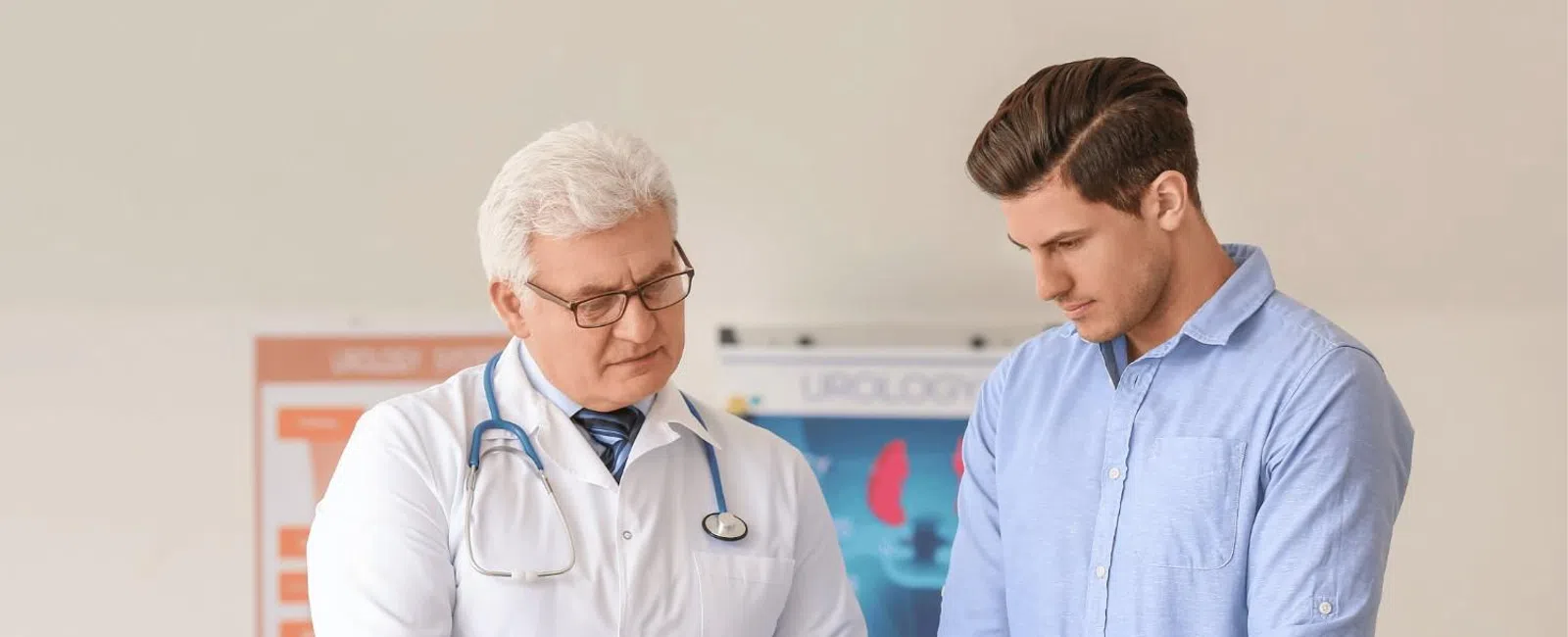 Doctor in white coat explaining medical information to male patient in modern clinic office