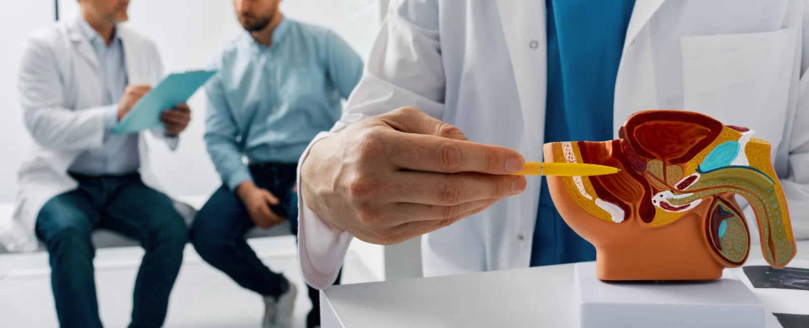 Doctor explains prostate health using anatomical model to male patient in medical office consultation.