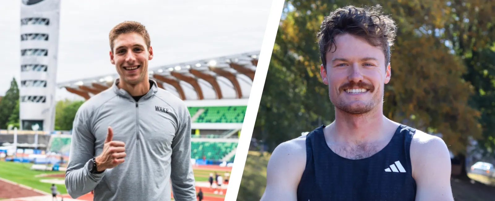 Two male athletes smiling, one in gray at a stadium giving thumbs up, another in black Atlanta Track Club tank top outdoors.