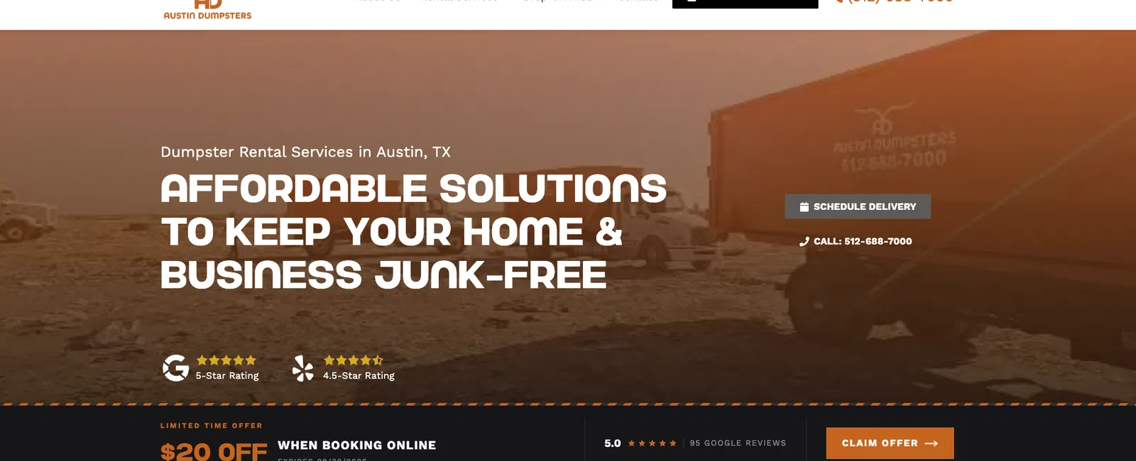 Austin Dumpsters homepage showing orange dumpsters and affordable rental service offer with contact details.