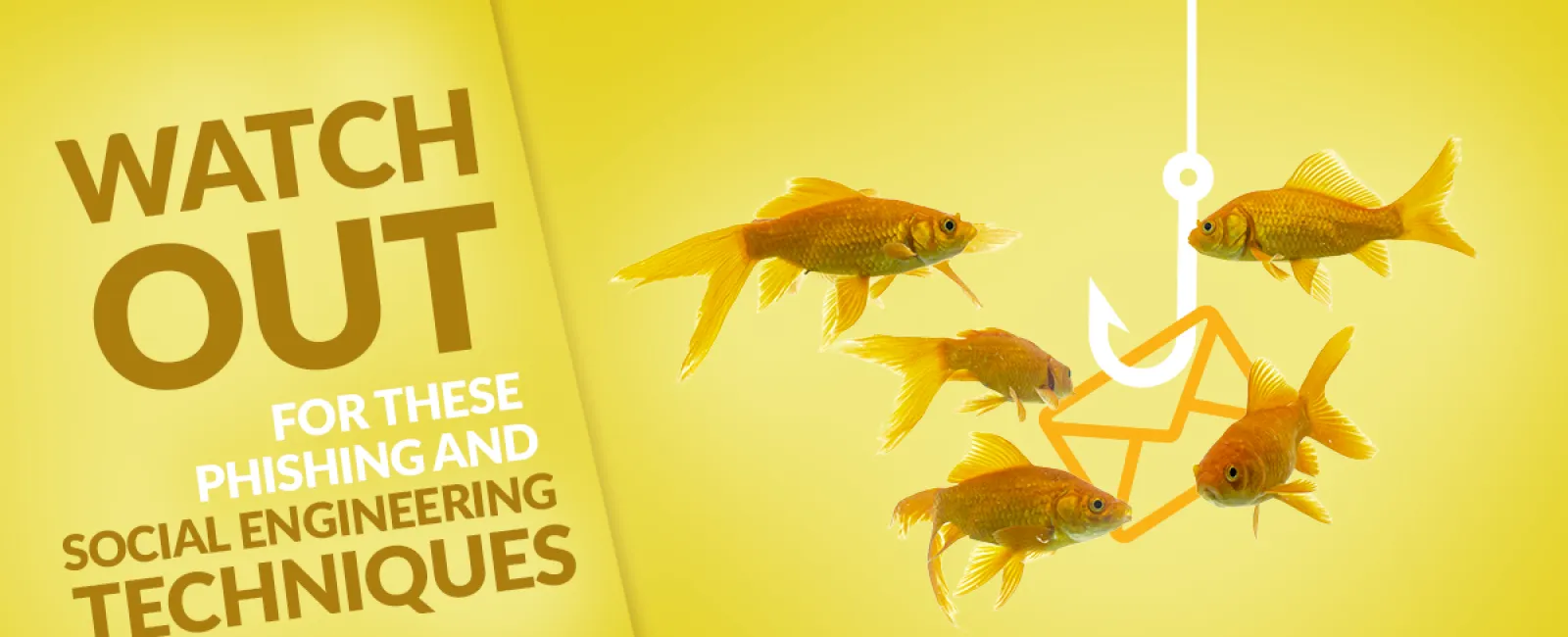 Goldfish attracted to a phishing hook with email symbol warns about phishing and social engineering techniques.