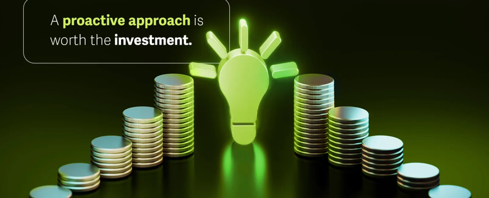 Green light bulb amid stacks of coins promoting proactive investment strategies.
