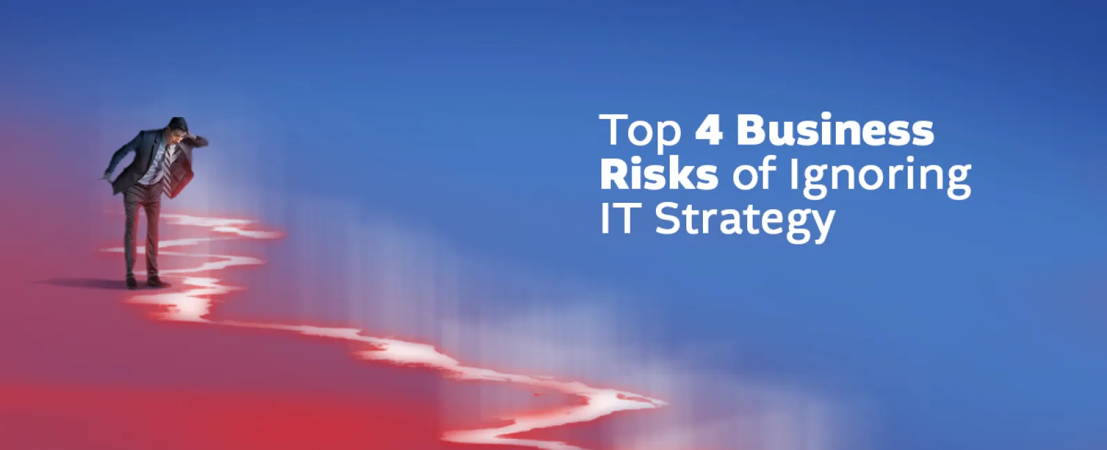 Businessman looking ahead over glowing cracks symbolizing risks of ignoring IT strategy on blue background