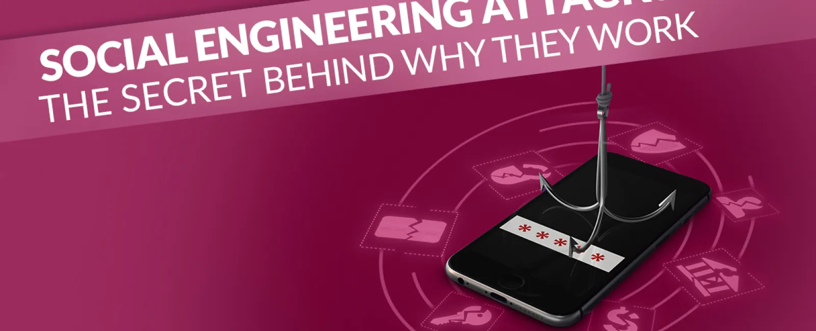 Smartphone with phishing hooks and password field illustrating social engineering attack concepts.