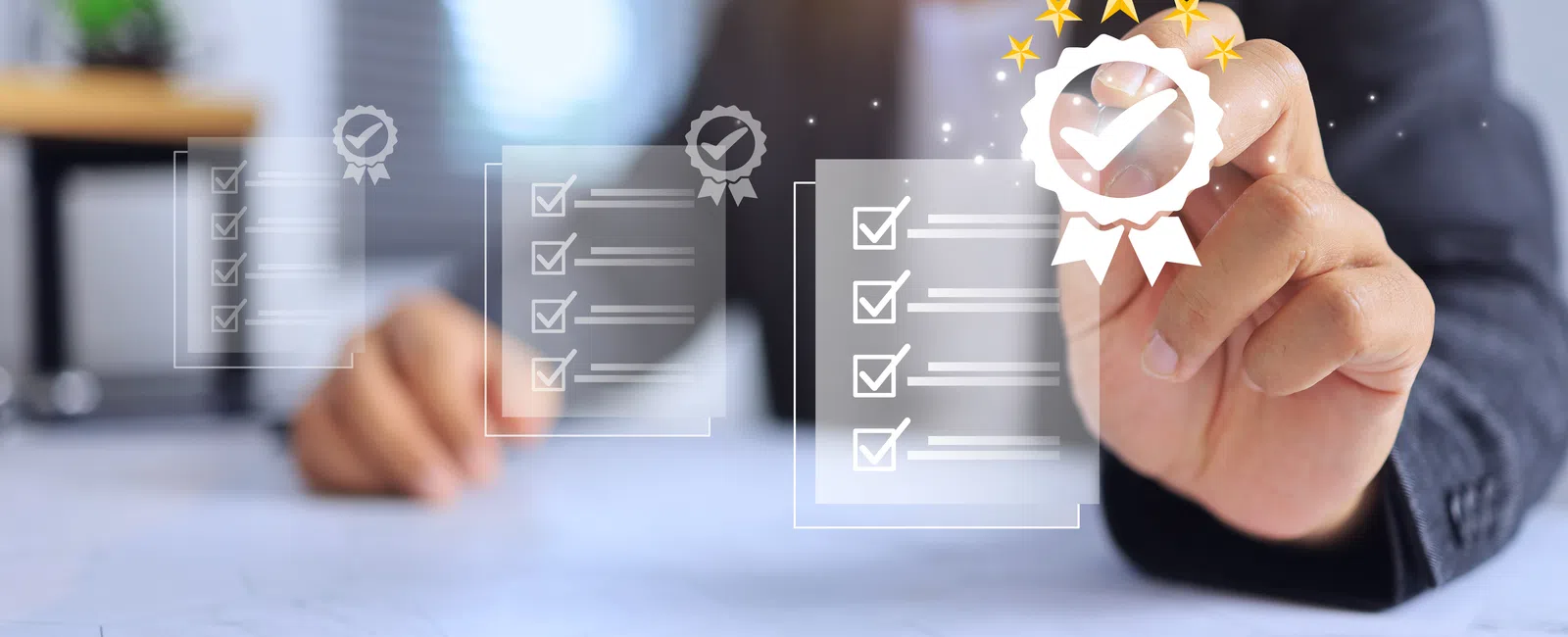 Person selecting a checklist with a quality badge and stars representing approval and high standards.