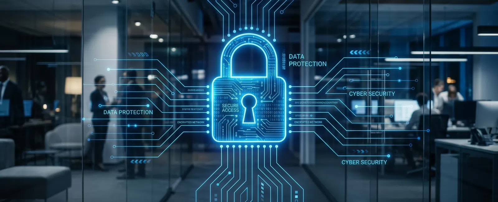Glowing digital lock hologram with data protection and cybersecurity terms in a modern office environment.