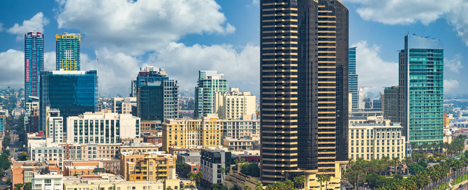 Sunlit modern high-rise buildings and palm-lined streets under a bright blue sky in a coastal city downtown.