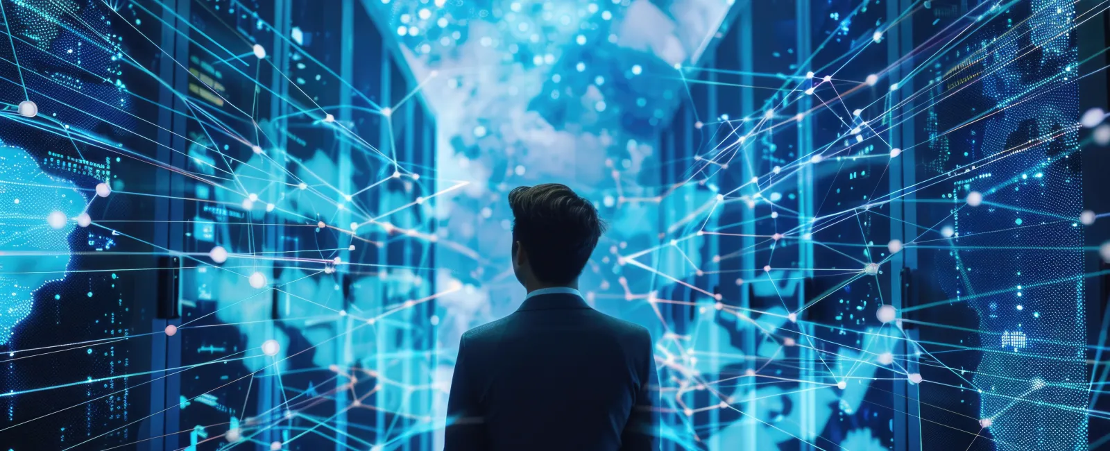 Man in data center surrounded by digital blue network connections and global data visualization screens.