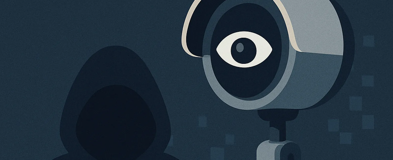 Dark hooded figure behind security camera with an eye symbol and WiFi signal in a low-light setting.