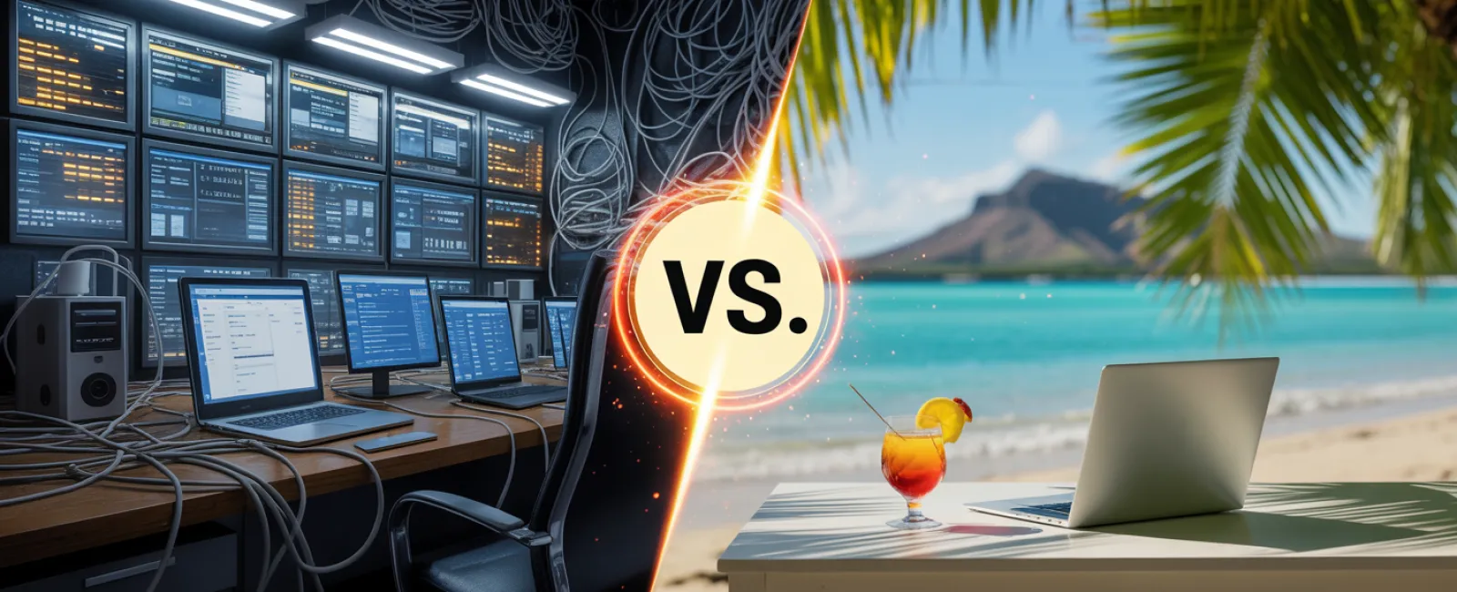 Comparison of a cluttered office tech workspace versus a relaxed beach setup with laptop and cocktail under palm trees.