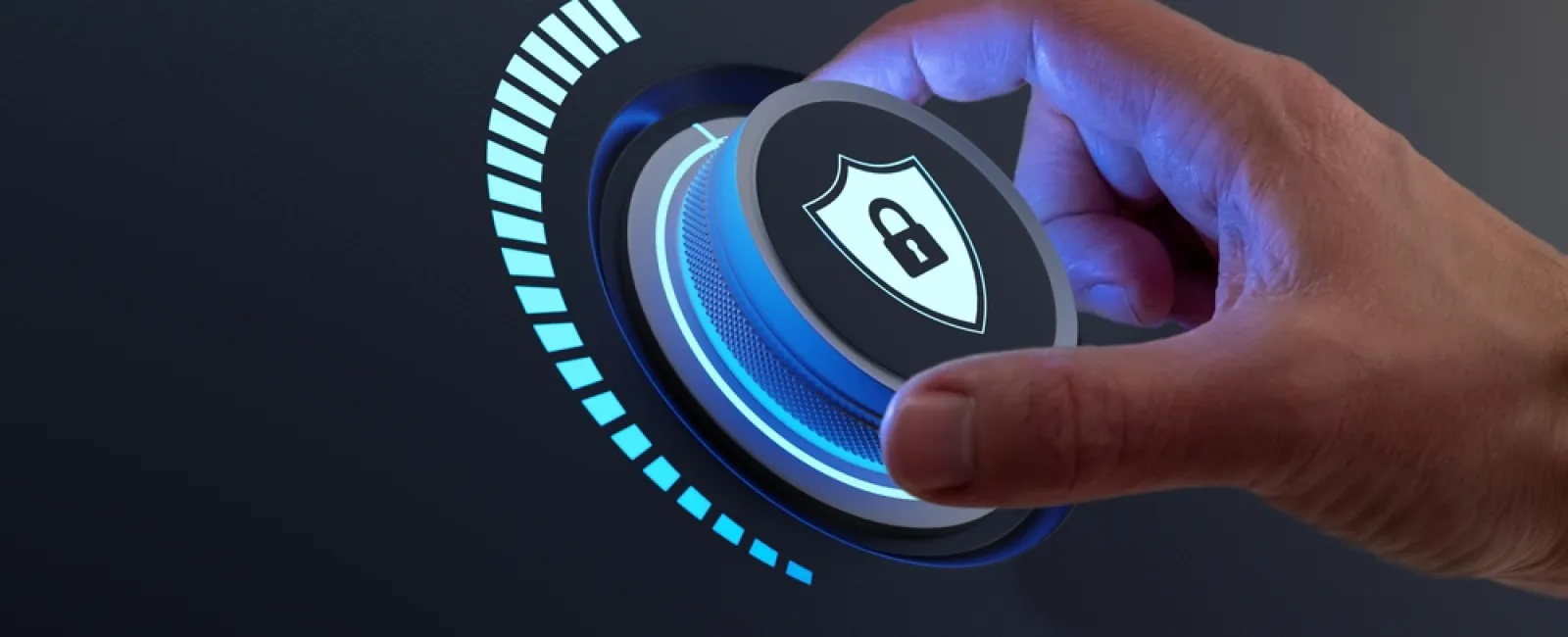 Hand turning a digital security lock dial towards maximum setting with illuminated blue interface.